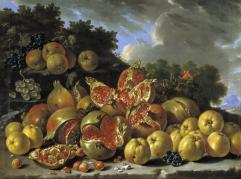 Картина Натюрморт с гранатами, яблоками, вишнями и виноградом в пейзаже, Луис Эгидио Мелендес